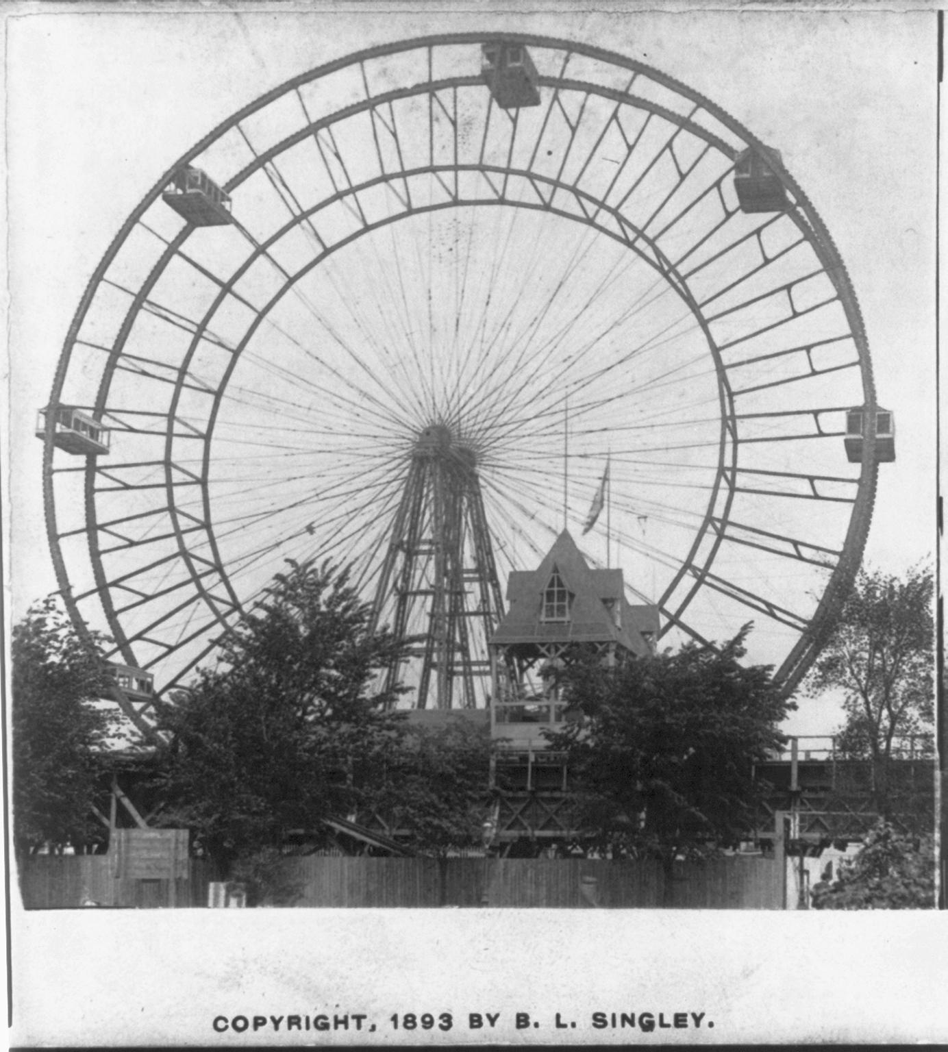 The original Ferris Wheel photographed from the Midway Plaisance in 1893, its two towers and thirty-six cars in full view