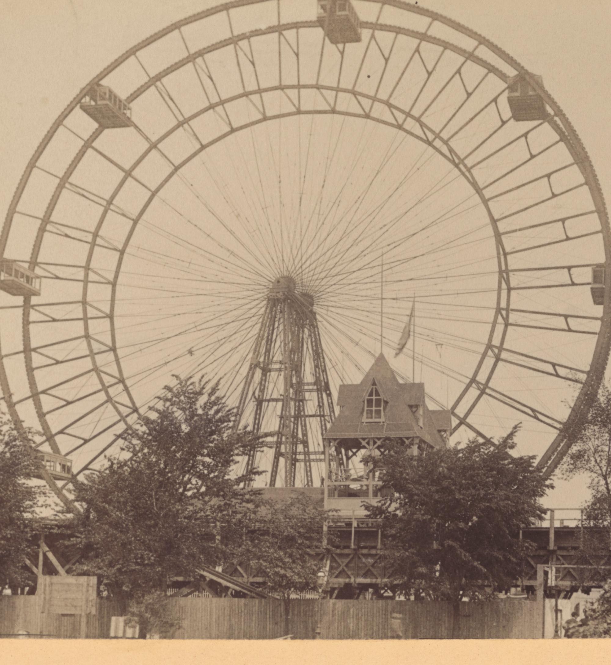 A close frontal view of the original Ferris Wheel and its passenger cars at the 1893 exposition