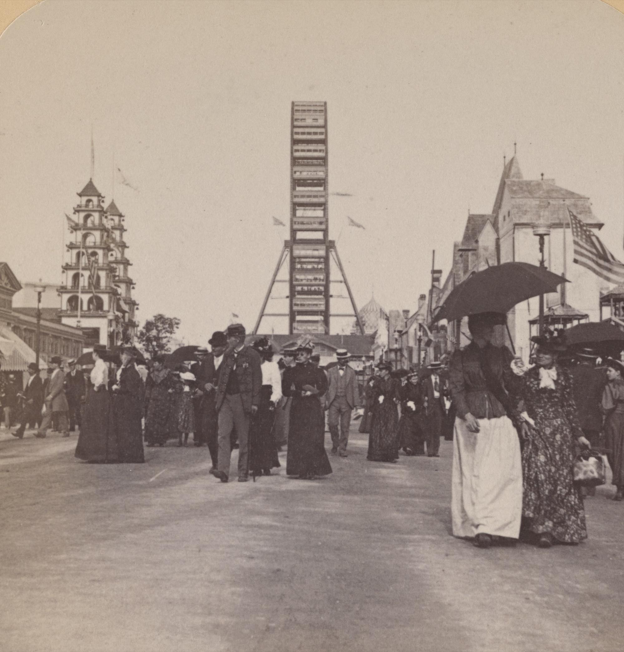 Visitors walking beneath the original Ferris Wheel as seen from the west at the 1893 exposition