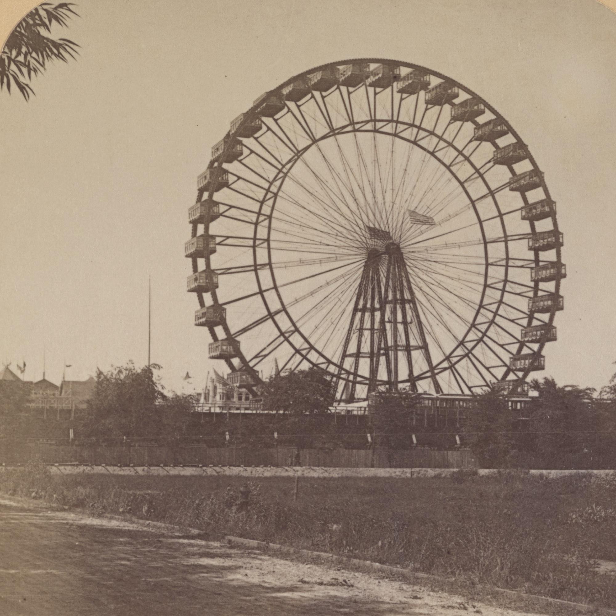 A distant view of the original Ferris Wheel demonstrating its scale above the 1893 exposition grounds